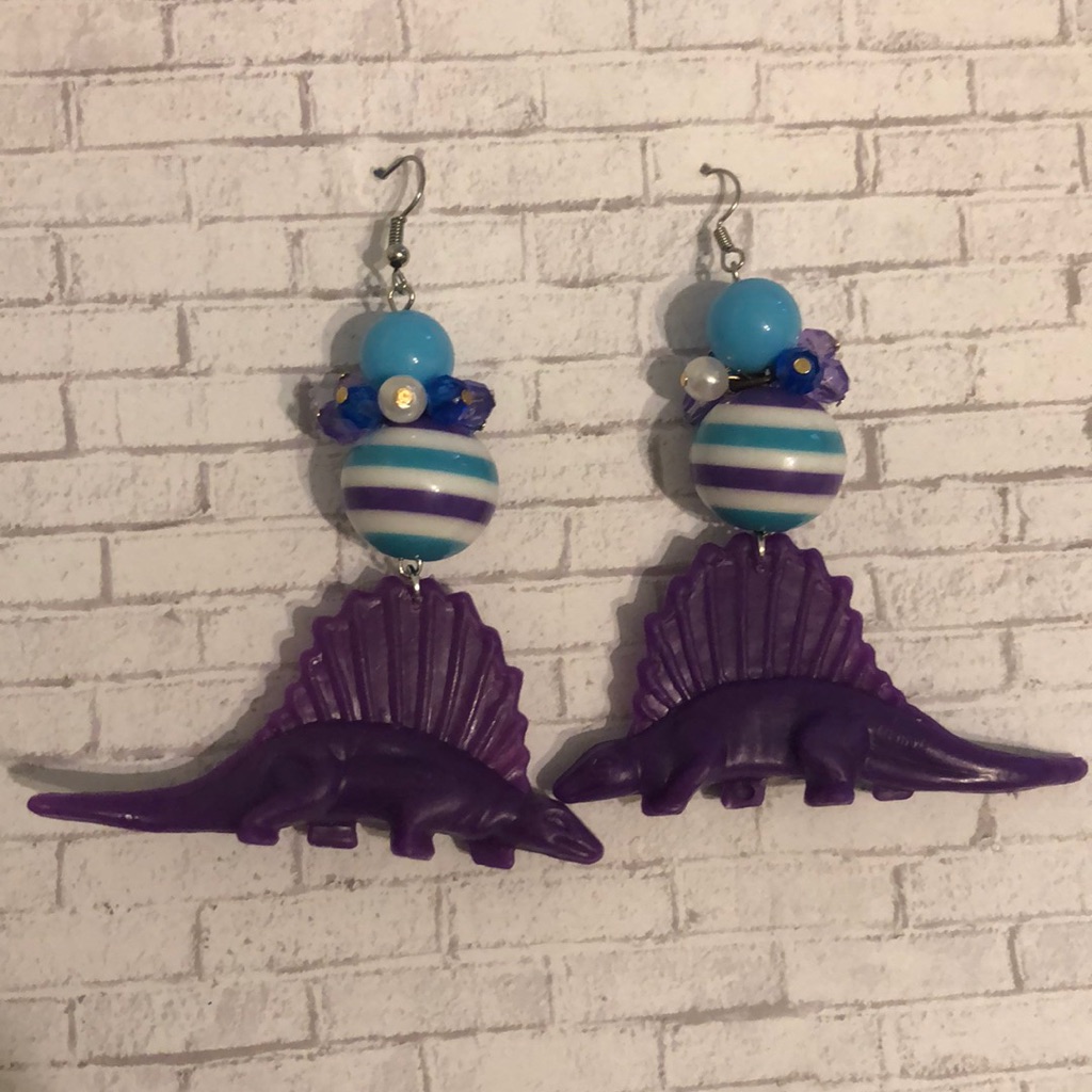 Dinosaur Purple Blue Stripes Beads Toy Earrings